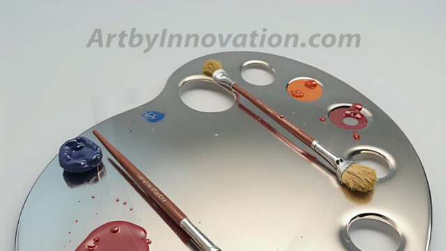 AI-generated painter palette and artist board digital designs — polished metallic palettes, winged fantasy palettes, and premium artist mixing board art in UHD by Art by Innovation.