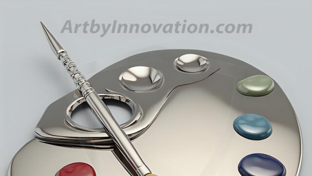 AI-generated painter palette and artist board digital designs — polished metallic palettes, winged fantasy palettes, and premium artist mixing board art in UHD by Art by Innovation.