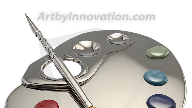 AI-generated painter palette and artist board digital designs — polished metallic palettes, winged fantasy palettes, and premium artist mixing board art in UHD by Art by Innovation.