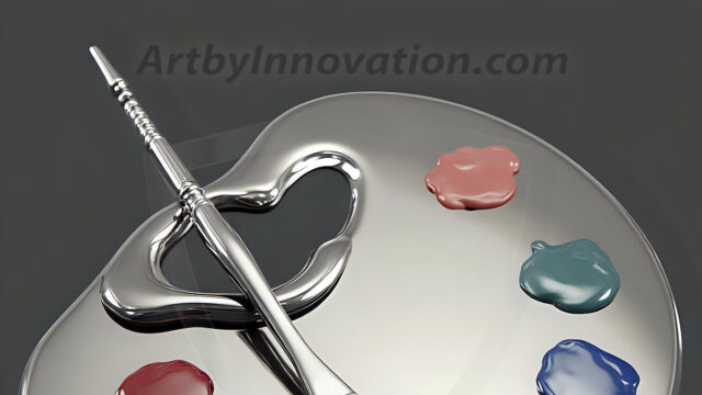 AI-generated painter palette and artist board digital designs — polished metallic palettes, winged fantasy palettes, and premium artist mixing board art in UHD by Art by Innovation.