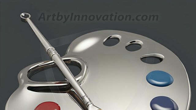 AI-generated painter palette and artist board digital designs — polished metallic palettes, winged fantasy palettes, and premium artist mixing board art in UHD by Art by Innovation.