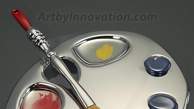 AI-generated painter palette and artist board digital designs — polished metallic palettes, winged fantasy palettes, and premium artist mixing board art in UHD by Art by Innovation.