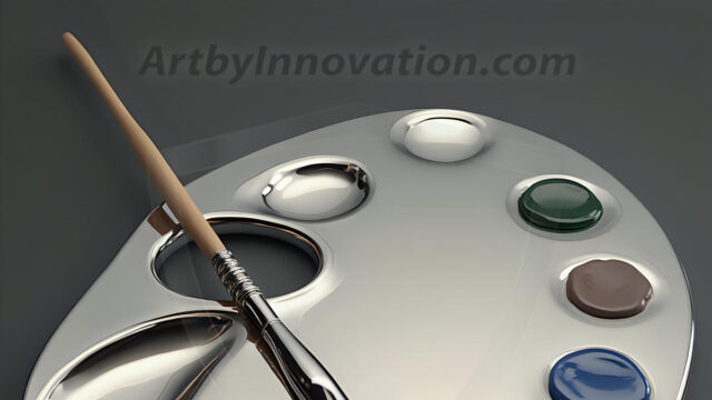 AI-generated painter palette and artist board digital designs — polished metallic palettes, winged fantasy palettes, and premium artist mixing board art in UHD by Art by Innovation.