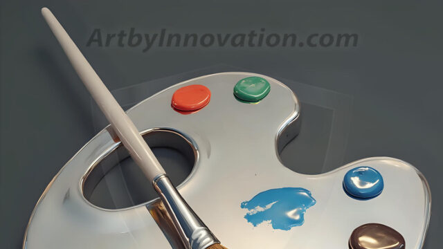 AI-generated painter palette and artist board digital designs — polished metallic palettes, winged fantasy palettes, and premium artist mixing board art in UHD by Art by Innovation.