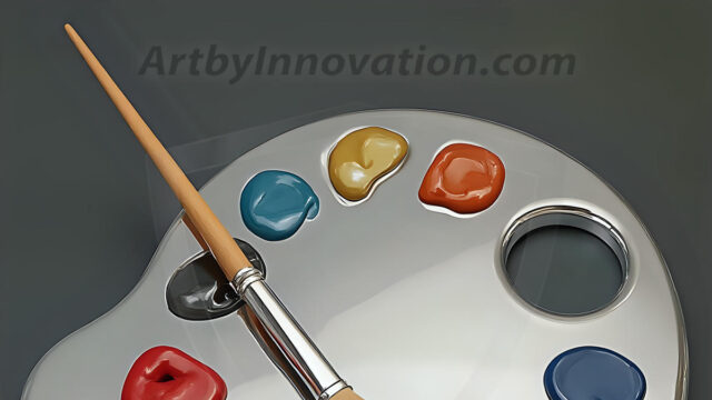 AI-generated painter palette and artist board digital designs — polished metallic palettes, winged fantasy palettes, and premium artist mixing board art in UHD by Art by Innovation.
