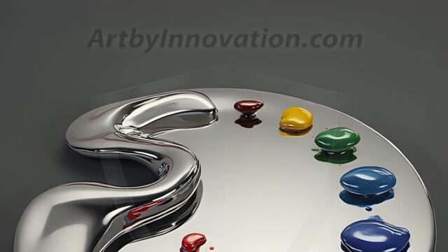 AI-generated painter palette and artist board digital designs — polished metallic palettes, winged fantasy palettes, and premium artist mixing board art in UHD by Art by Innovation.