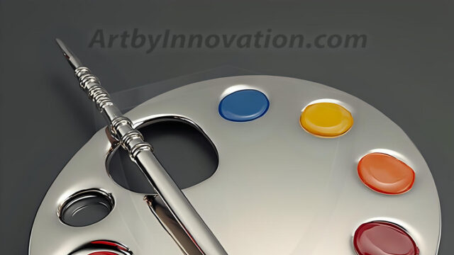 AI-generated painter palette and artist board digital designs — polished metallic palettes, winged fantasy palettes, and premium artist mixing board art in UHD by Art by Innovation.