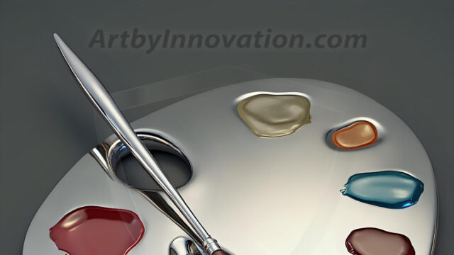 AI-generated painter palette and artist board digital designs — polished metallic palettes, winged fantasy palettes, and premium artist mixing board art in UHD by Art by Innovation.