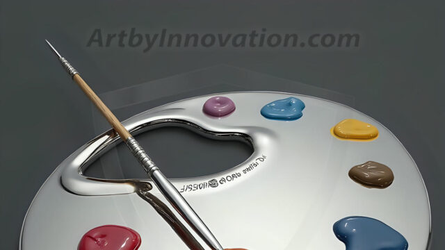 AI-generated painter palette and artist board digital designs — polished metallic palettes, winged fantasy palettes, and premium artist mixing board art in UHD by Art by Innovation.