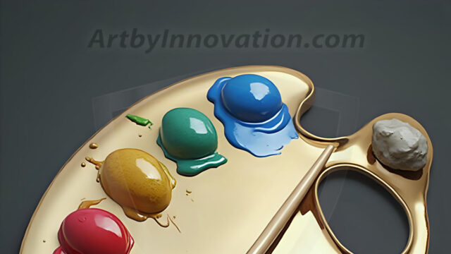 AI-generated painter palette and artist board digital designs — polished metallic palettes, winged fantasy palettes, and premium artist mixing board art in UHD by Art by Innovation.