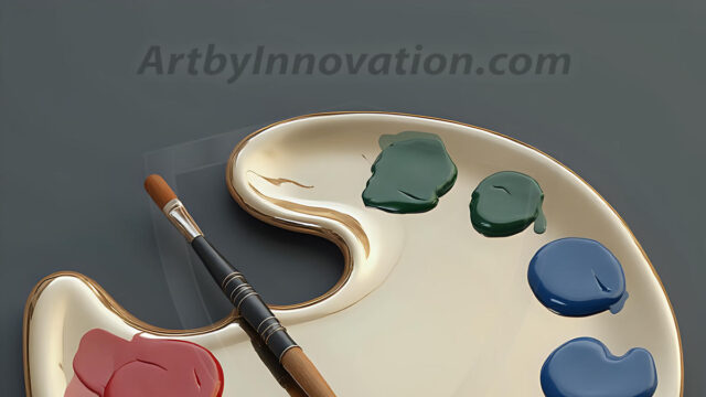 AI-generated painter palette and artist board digital designs — polished metallic palettes, winged fantasy palettes, and premium artist mixing board art in UHD by Art by Innovation.