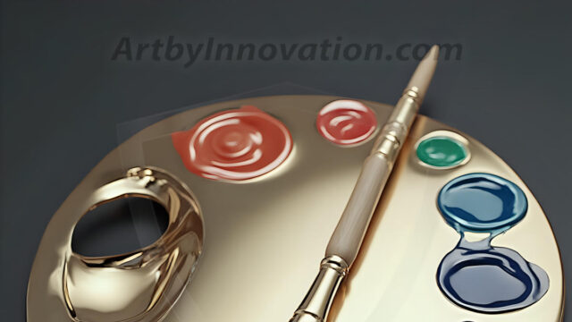 AI-generated painter palette and artist board digital designs — polished metallic palettes, winged fantasy palettes, and premium artist mixing board art in UHD by Art by Innovation.