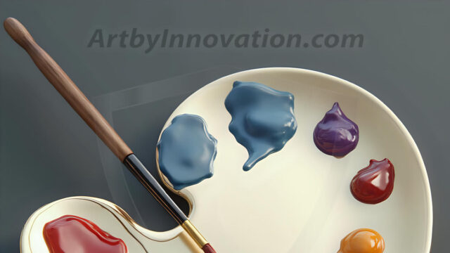 AI-generated painter palette and artist board digital designs — polished metallic palettes, winged fantasy palettes, and premium artist mixing board art in UHD by Art by Innovation.