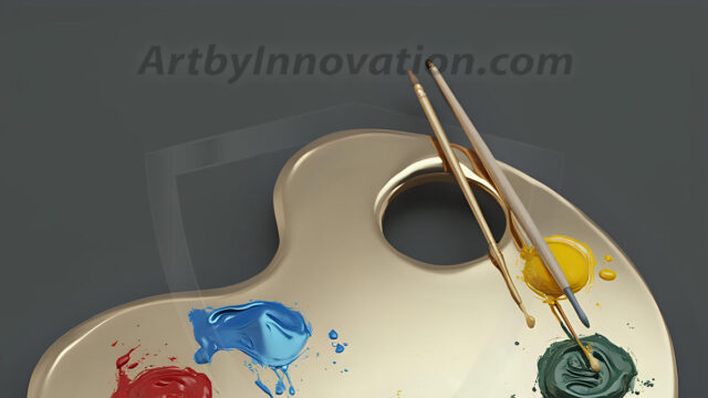 AI-generated painter palette and artist board digital designs — polished metallic palettes, winged fantasy palettes, and premium artist mixing board art in UHD by Art by Innovation.