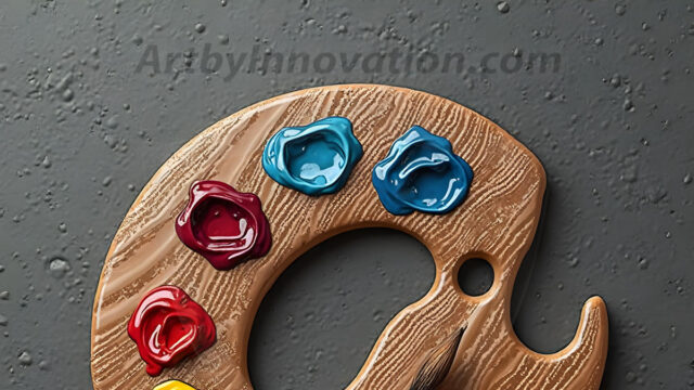 AI-generated painter palette and artist board digital designs — polished metallic palettes, winged fantasy palettes, and premium artist mixing board art in UHD by Art by Innovation.