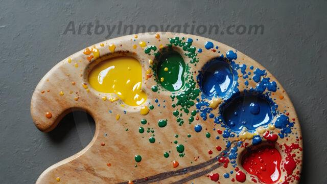 AI-generated painter palette and artist board digital designs — polished metallic palettes, winged fantasy palettes, and premium artist mixing board art in UHD by Art by Innovation.