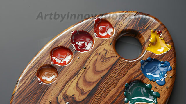 AI-generated painter palette and artist board digital designs — polished metallic palettes, winged fantasy palettes, and premium artist mixing board art in UHD by Art by Innovation.