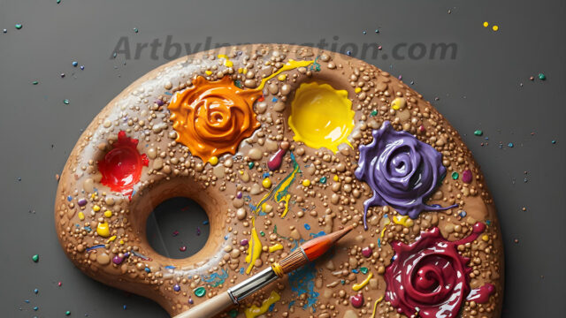 AI-generated painter palette and artist board digital designs — polished metallic palettes, winged fantasy palettes, and premium artist mixing board art in UHD by Art by Innovation.