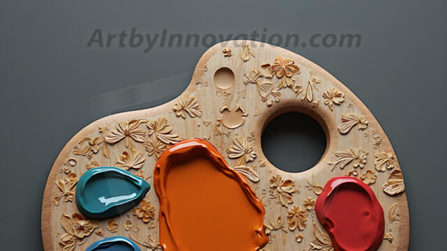 AI-generated painter palette and artist board digital designs — polished metallic palettes, winged fantasy palettes, and premium artist mixing board art in UHD by Art by Innovation.