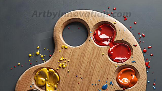 AI-generated painter palette and artist board digital designs — polished metallic palettes, winged fantasy palettes, and premium artist mixing board art in UHD by Art by Innovation.