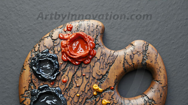 AI-generated painter palette and artist board digital designs — polished metallic palettes, winged fantasy palettes, and premium artist mixing board art in UHD by Art by Innovation.