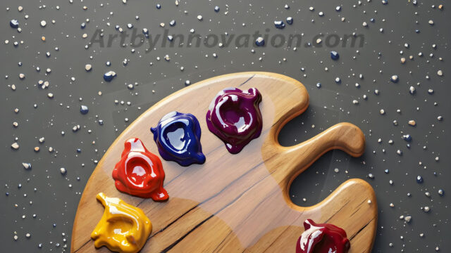 AI-generated painter palette and artist board digital designs — polished metallic palettes, winged fantasy palettes, and premium artist mixing board art in UHD by Art by Innovation.