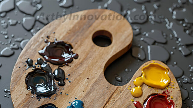 AI-generated painter palette and artist board digital designs — polished metallic palettes, winged fantasy palettes, and premium artist mixing board art in UHD by Art by Innovation.