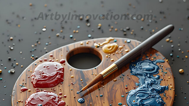 AI-generated painter palette and artist board digital designs — polished metallic palettes, winged fantasy palettes, and premium artist mixing board art in UHD by Art by Innovation.