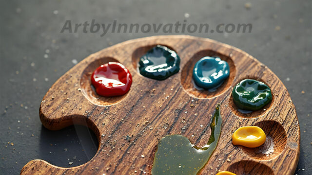 AI-generated painter palette and artist board digital designs — polished metallic palettes, winged fantasy palettes, and premium artist mixing board art in UHD by Art by Innovation.