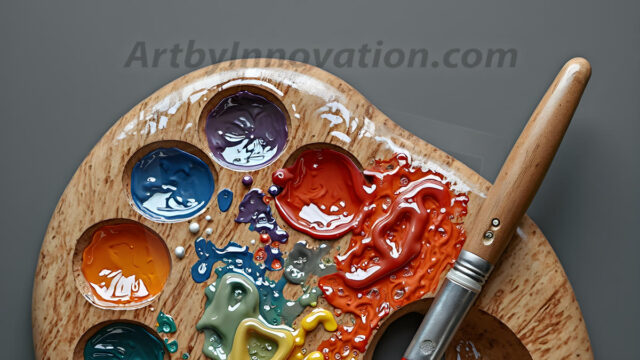 AI-generated painter palette and artist board digital designs — polished metallic palettes, winged fantasy palettes, and premium artist mixing board art in UHD by Art by Innovation.