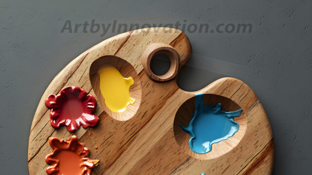 AI-generated painter palette and artist board digital designs — polished metallic palettes, winged fantasy palettes, and premium artist mixing board art in UHD by Art by Innovation.