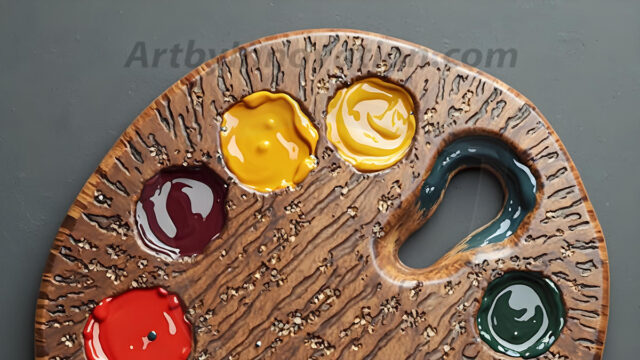 AI-generated painter palette and artist board digital designs — polished metallic palettes, winged fantasy palettes, and premium artist mixing board art in UHD by Art by Innovation.