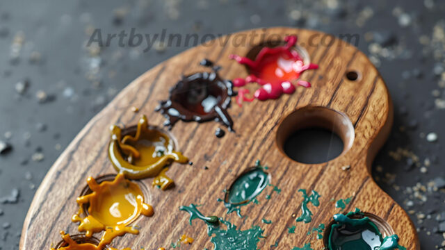 AI-generated painter palette and artist board digital designs — polished metallic palettes, winged fantasy palettes, and premium artist mixing board art in UHD by Art by Innovation.