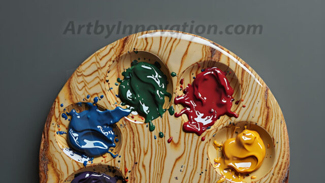 AI-generated painter palette and artist board digital designs — polished metallic palettes, winged fantasy palettes, and premium artist mixing board art in UHD by Art by Innovation.