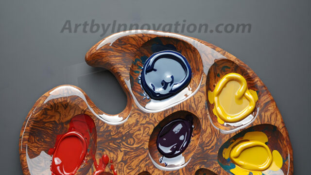 AI-generated painter palette and artist board digital designs — polished metallic palettes, winged fantasy palettes, and premium artist mixing board art in UHD by Art by Innovation.