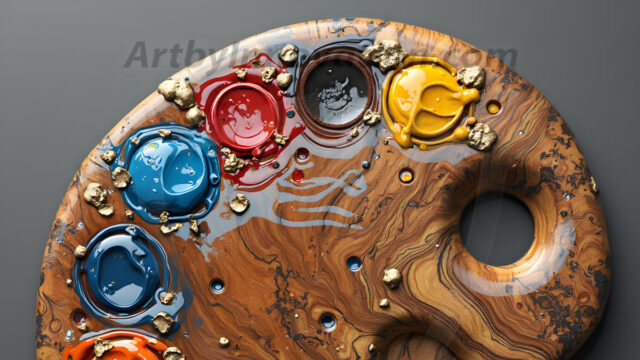 AI-generated painter palette and artist board digital designs — polished metallic palettes, winged fantasy palettes, and premium artist mixing board art in UHD by Art by Innovation.