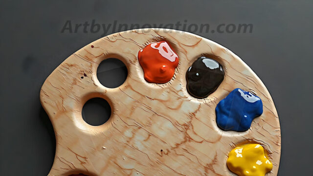 AI-generated painter palette and artist board digital designs — polished metallic palettes, winged fantasy palettes, and premium artist mixing board art in UHD by Art by Innovation.