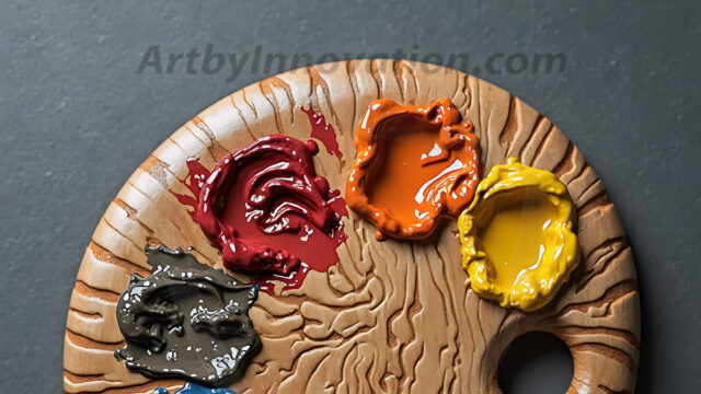 AI-generated painter palette and artist board digital designs — polished metallic palettes, winged fantasy palettes, and premium artist mixing board art in UHD by Art by Innovation.