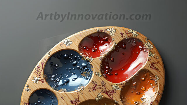 AI-generated painter palette and artist board digital designs — polished metallic palettes, winged fantasy palettes, and premium artist mixing board art in UHD by Art by Innovation.