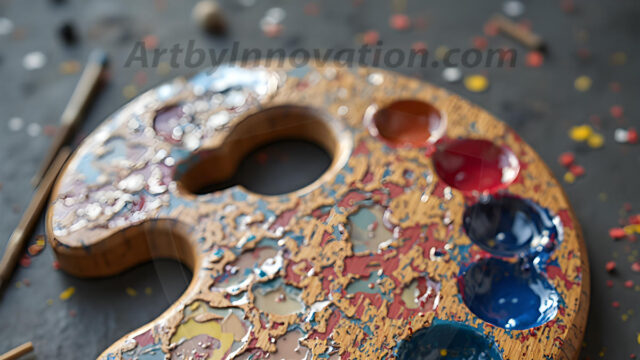 AI-generated painter palette and artist board digital designs — polished metallic palettes, winged fantasy palettes, and premium artist mixing board art in UHD by Art by Innovation.