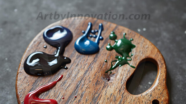 AI-generated painter palette and artist board digital designs — polished metallic palettes, winged fantasy palettes, and premium artist mixing board art in UHD by Art by Innovation.