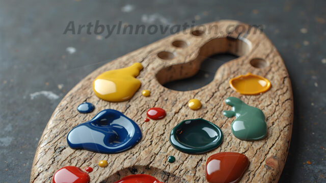 AI-generated painter palette and artist board digital designs — polished metallic palettes, winged fantasy palettes, and premium artist mixing board art in UHD by Art by Innovation.