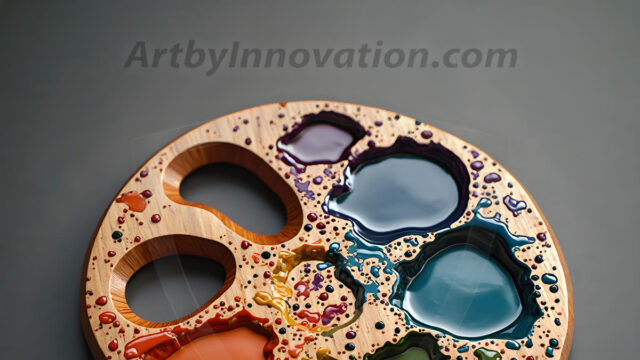 AI-generated painter palette and artist board digital designs — polished metallic palettes, winged fantasy palettes, and premium artist mixing board art in UHD by Art by Innovation.