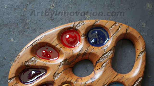 AI-generated painter palette and artist board digital designs — polished metallic palettes, winged fantasy palettes, and premium artist mixing board art in UHD by Art by Innovation.