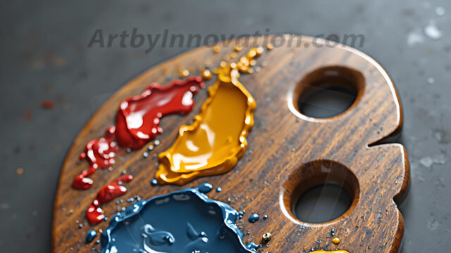 AI-generated painter palette and artist board digital designs — polished metallic palettes, winged fantasy palettes, and premium artist mixing board art in UHD by Art by Innovation.