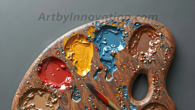 AI-generated painter palette and artist board digital designs — polished metallic palettes, winged fantasy palettes, and premium artist mixing board art in UHD by Art by Innovation.