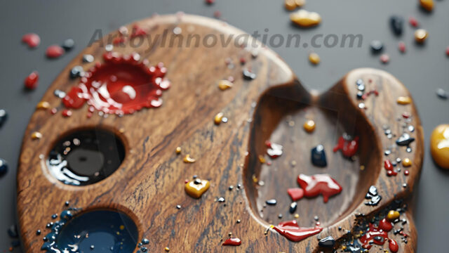 AI-generated painter palette and artist board digital designs — polished metallic palettes, winged fantasy palettes, and premium artist mixing board art in UHD by Art by Innovation.