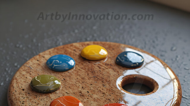 AI-generated painter palette and artist board digital designs — polished metallic palettes, winged fantasy palettes, and premium artist mixing board art in UHD by Art by Innovation.