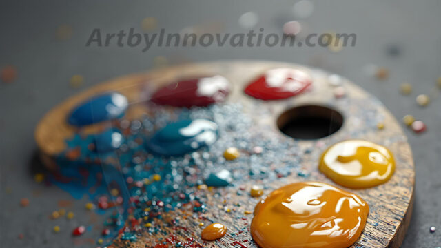 AI-generated painter palette and artist board digital designs — polished metallic palettes, winged fantasy palettes, and premium artist mixing board art in UHD by Art by Innovation.