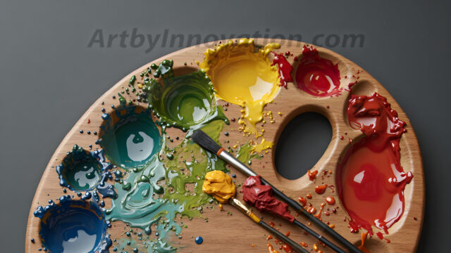 AI-generated painter palette and artist board digital designs — polished metallic palettes, winged fantasy palettes, and premium artist mixing board art in UHD by Art by Innovation.